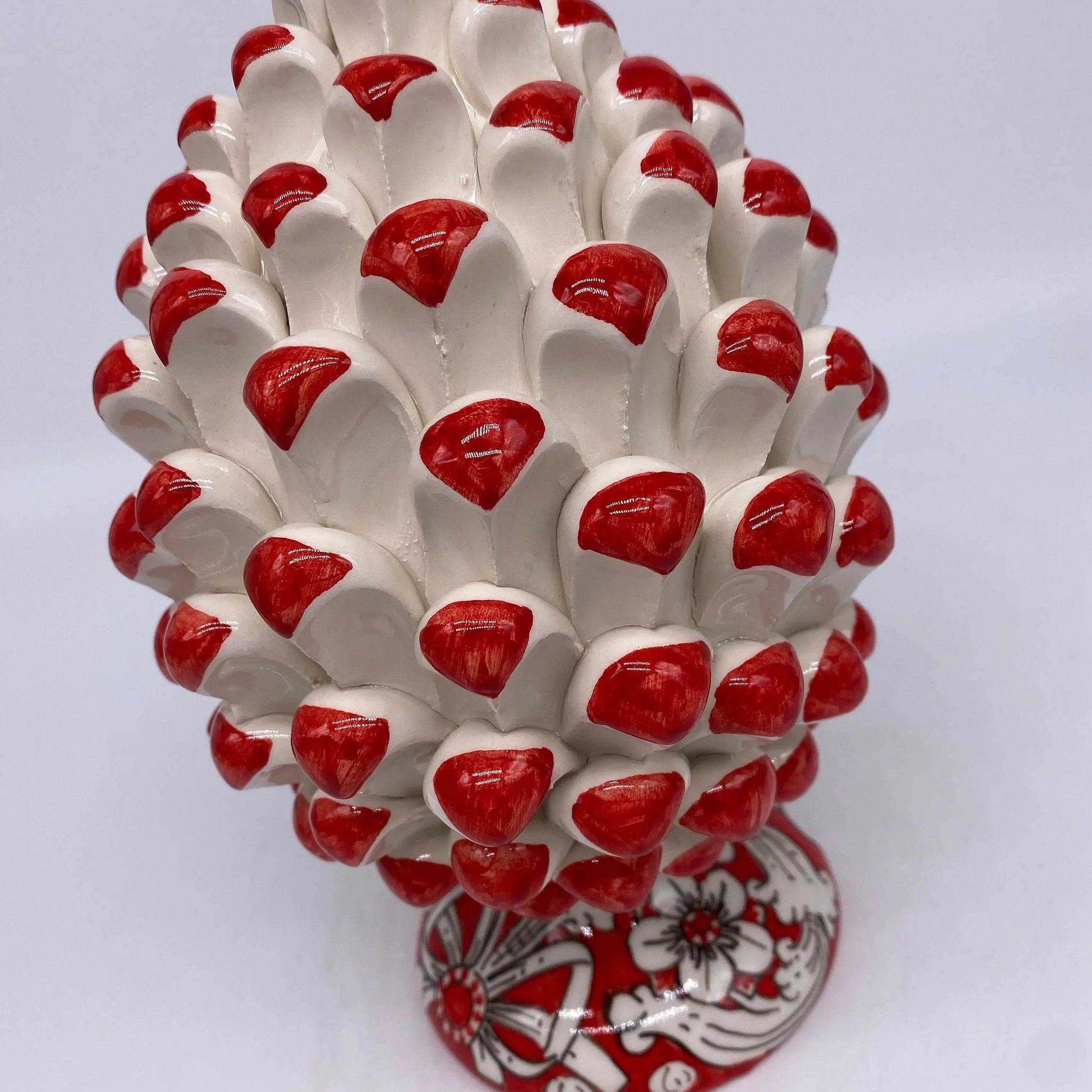 Pigna Ceramica Caltagirone cm H.20 Artigianale Base Decorata Punte Rosso DD CERAMICHE SICILIANE