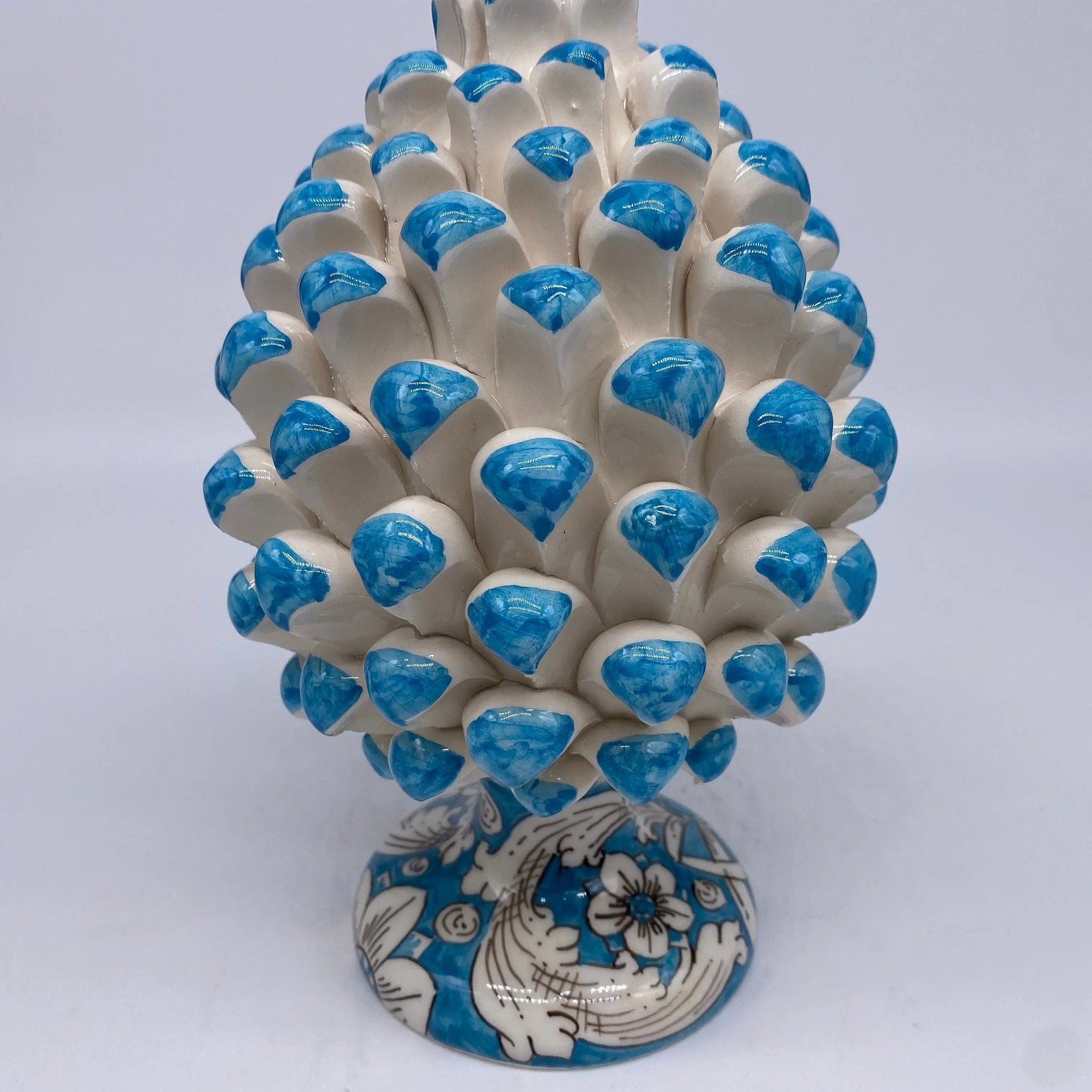 Pigna Ceramica Caltagirone cm H.20 Artigianale Base Decorata Punte Celeste DD CERAMICHE SICILIANE