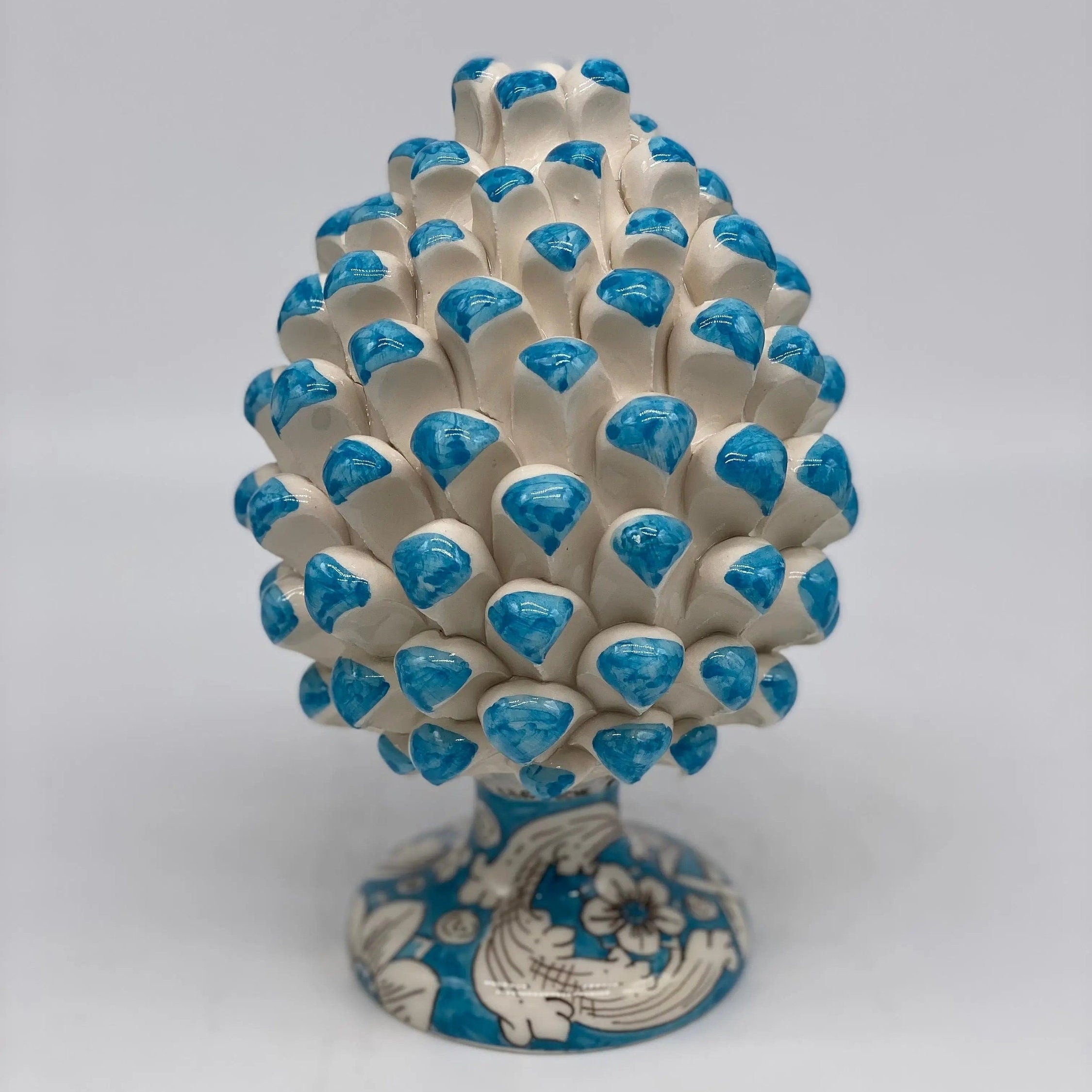 Pigna Ceramica Caltagirone cm H.20 Artigianale Base Decorata Punte Celeste DD CERAMICHE SICILIANE