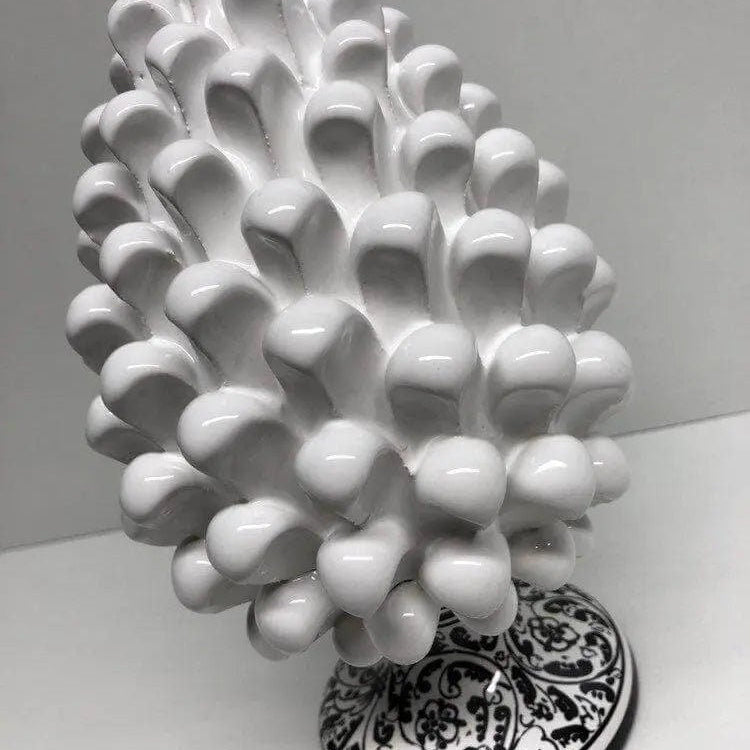 Pigna Ceramica Caltagirone cm H.20 Artigianale Bianco Base Decorata Nero DD CERAMICHE SICILIANE