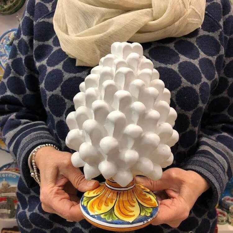 Pigna Ceramica Caltagirone cm H.20 Artigianale Bianco Base Decorata DD CERAMICHE SICILIANE