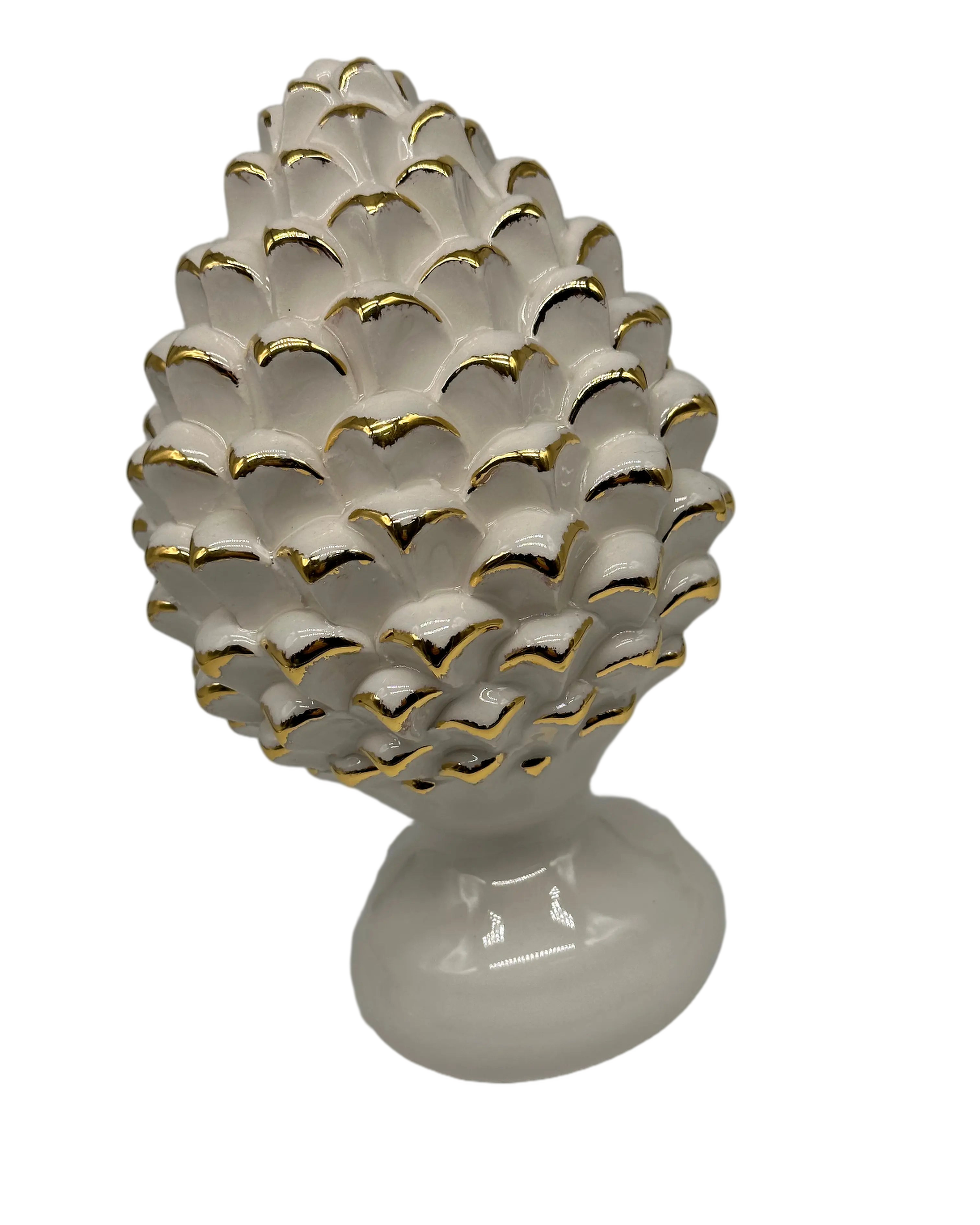Pigna Ceramica Caltagirone cm H.20 Artigianale Bianco Oro Linea Luis DD CERAMICHE SICILIANE