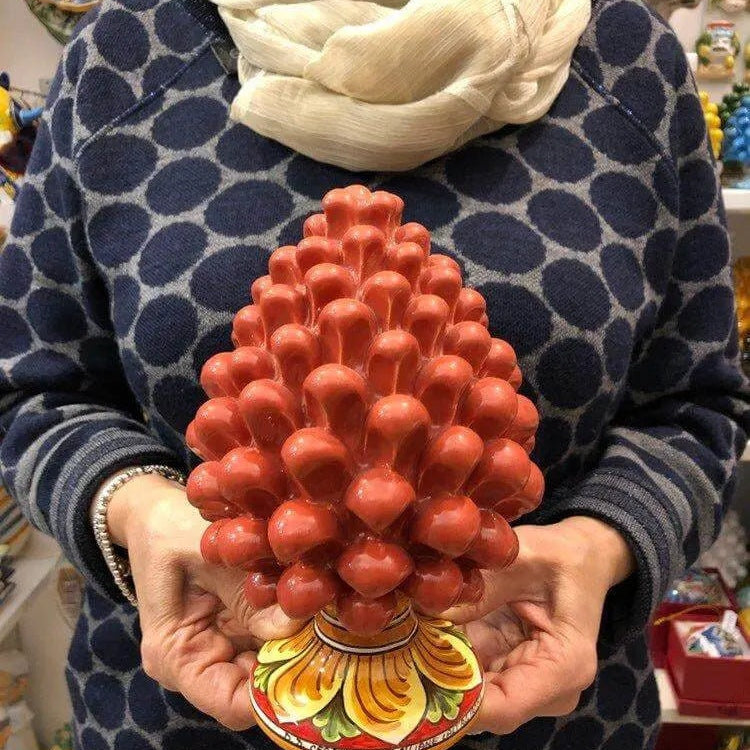 Pigna Ceramica Caltagirone cm H.20 Artigianale Corallo Base Decorata DD CERAMICHE SICILIANE