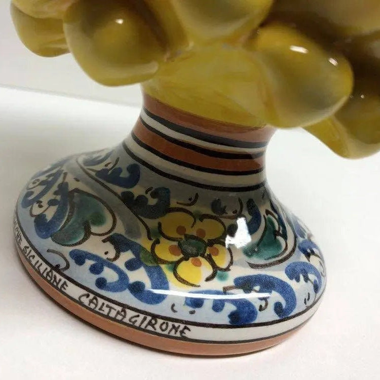 Pigna Ceramica Caltagirone cm H.20 Artigianale Giallo Base Decorata Fiori DD CERAMICHE SICILIANE