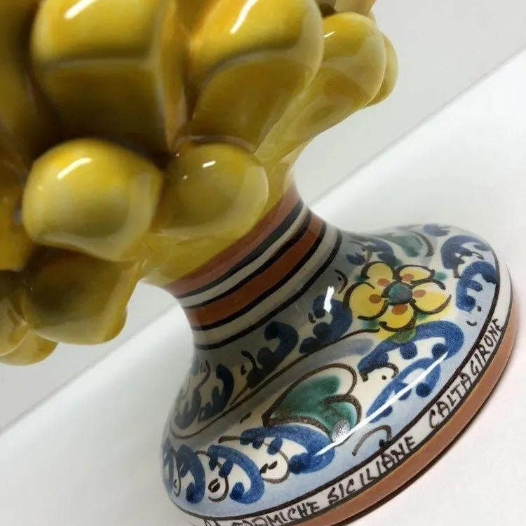 Pigna Ceramica Caltagirone cm H.20 Artigianale Giallo Base Decorata Fiori DD CERAMICHE SICILIANE