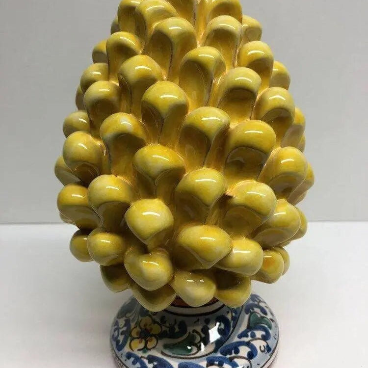 Pigna Ceramica Caltagirone cm H.20 Artigianale Giallo Base Decorata Fiori DD CERAMICHE SICILIANE