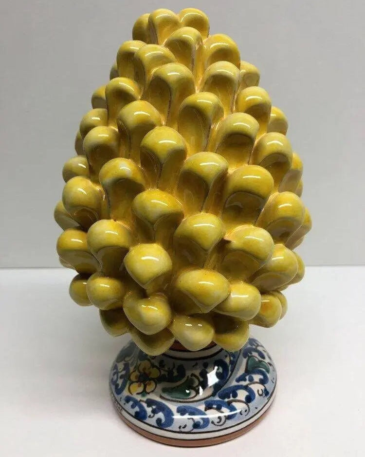 Pigna Ceramica Caltagirone cm H.20 Artigianale Giallo Base Decorata Fiori DD CERAMICHE SICILIANE