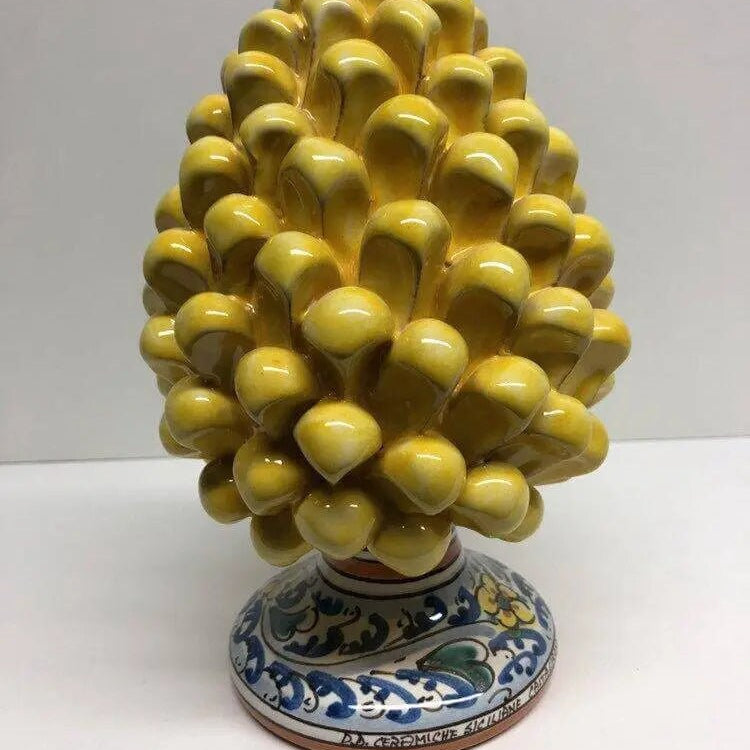 Pigna Ceramica Caltagirone cm H.20 Artigianale Giallo Base Decorata Fiori DD CERAMICHE SICILIANE