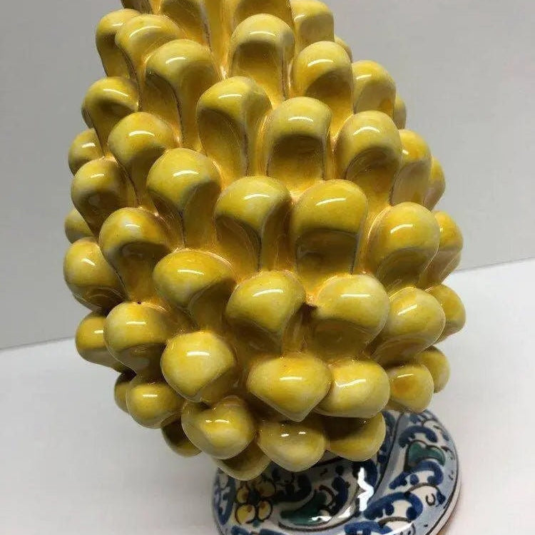 Pigna Ceramica Caltagirone cm H.20 Artigianale Giallo Base Decorata Fiori DD CERAMICHE SICILIANE