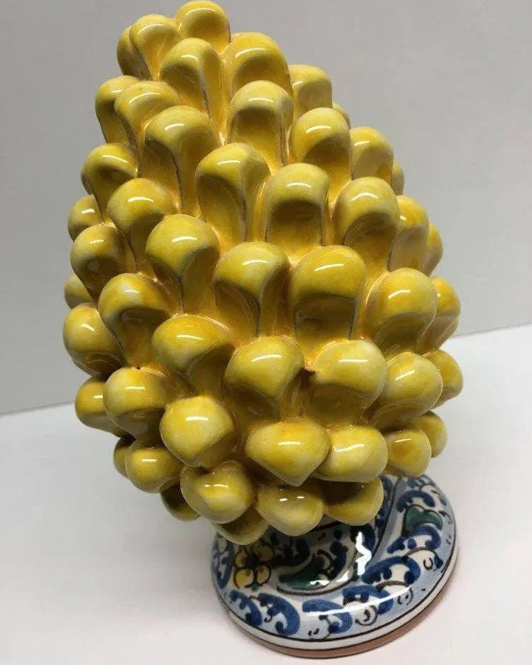 Pigna Ceramica Caltagirone cm H.20 Artigianale Giallo Base Decorata Fiori DD CERAMICHE SICILIANE