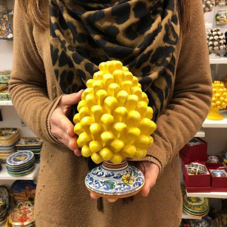 Pigna Ceramica Caltagirone cm H.20 Artigianale Giallo Base Decorata Fiori DD CERAMICHE SICILIANE