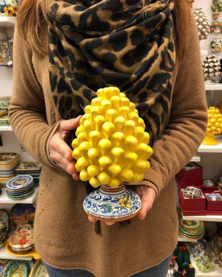 Pigna Ceramica Caltagirone cm H.20 Artigianale Giallo Base Decorata Fiori DD CERAMICHE SICILIANE