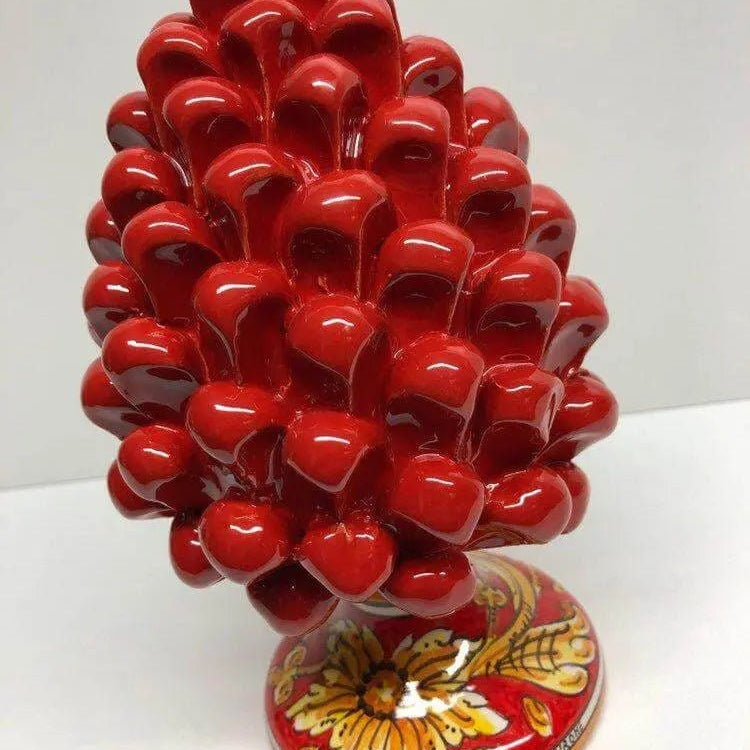 Pigna Ceramica Caltagirone cm H.20 Artigianale Rosso Base Decorata Giglio DD CERAMICHE SICILIANE