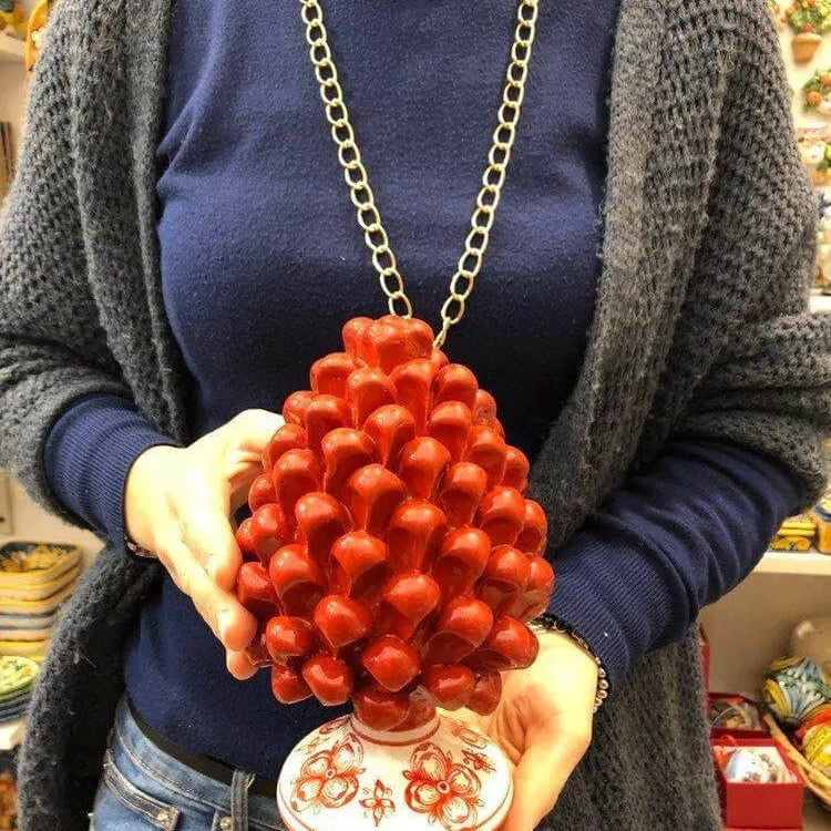 Pigna Ceramica Caltagirone cm H.20 Artigianale Rosso Base Decorata su fondo Bianco DD CERAMICHE SICILIANE