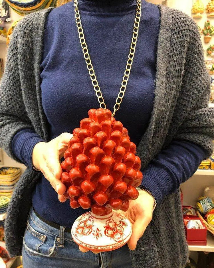 Pigna Ceramica Caltagirone cm H.20 Artigianale Rosso Base Decorata su fondo Bianco DD CERAMICHE SICILIANE