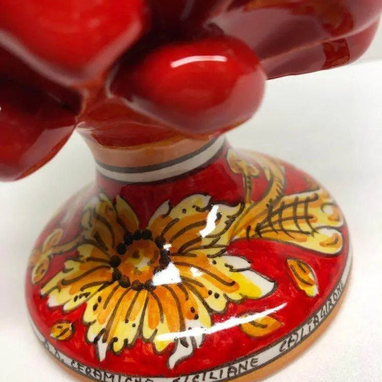 Pigna Ceramica Caltagirone cm H.20 Artigianale Rosso Base Decorata Giglio DD CERAMICHE SICILIANE