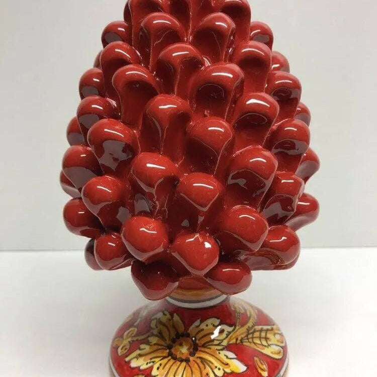Pigna Ceramica Caltagirone cm H.20 Artigianale Rosso Base Decorata Giglio DD CERAMICHE SICILIANE