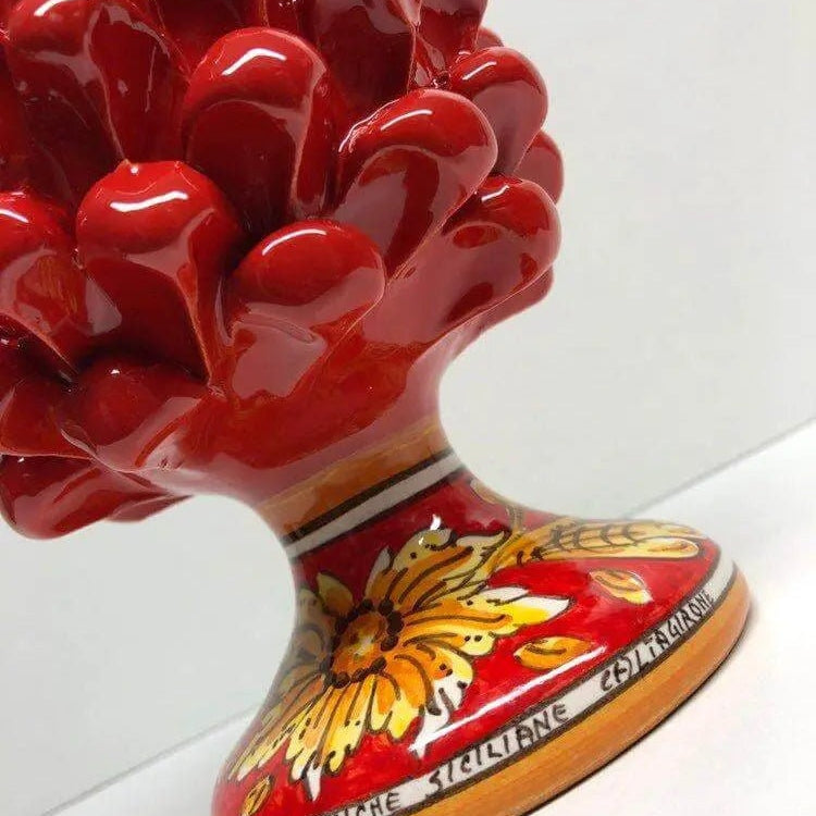 Pigna Ceramica Caltagirone cm H.20 Artigianale Rosso Base Decorata Giglio DD CERAMICHE SICILIANE