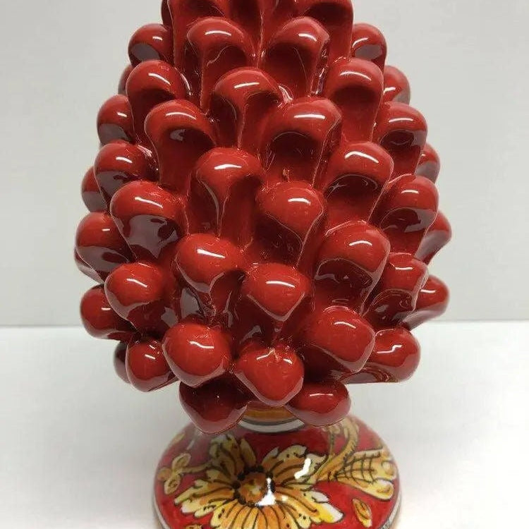 Pigna Ceramica Caltagirone cm H.20 Artigianale Rosso Base Decorata Giglio DD CERAMICHE SICILIANE