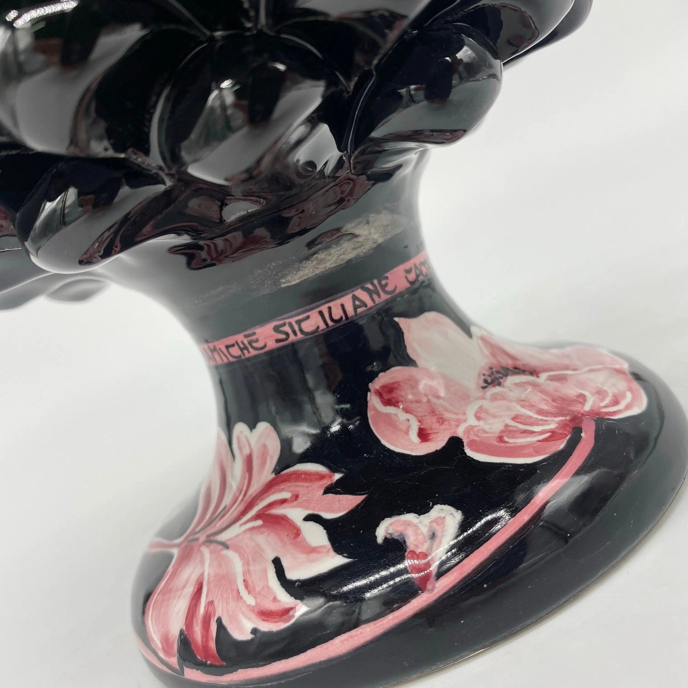 Pigna Ceramica Caltagirone cm H.20 Artigianale VENUS Nero Rosa DD CERAMICHE SICILIANE