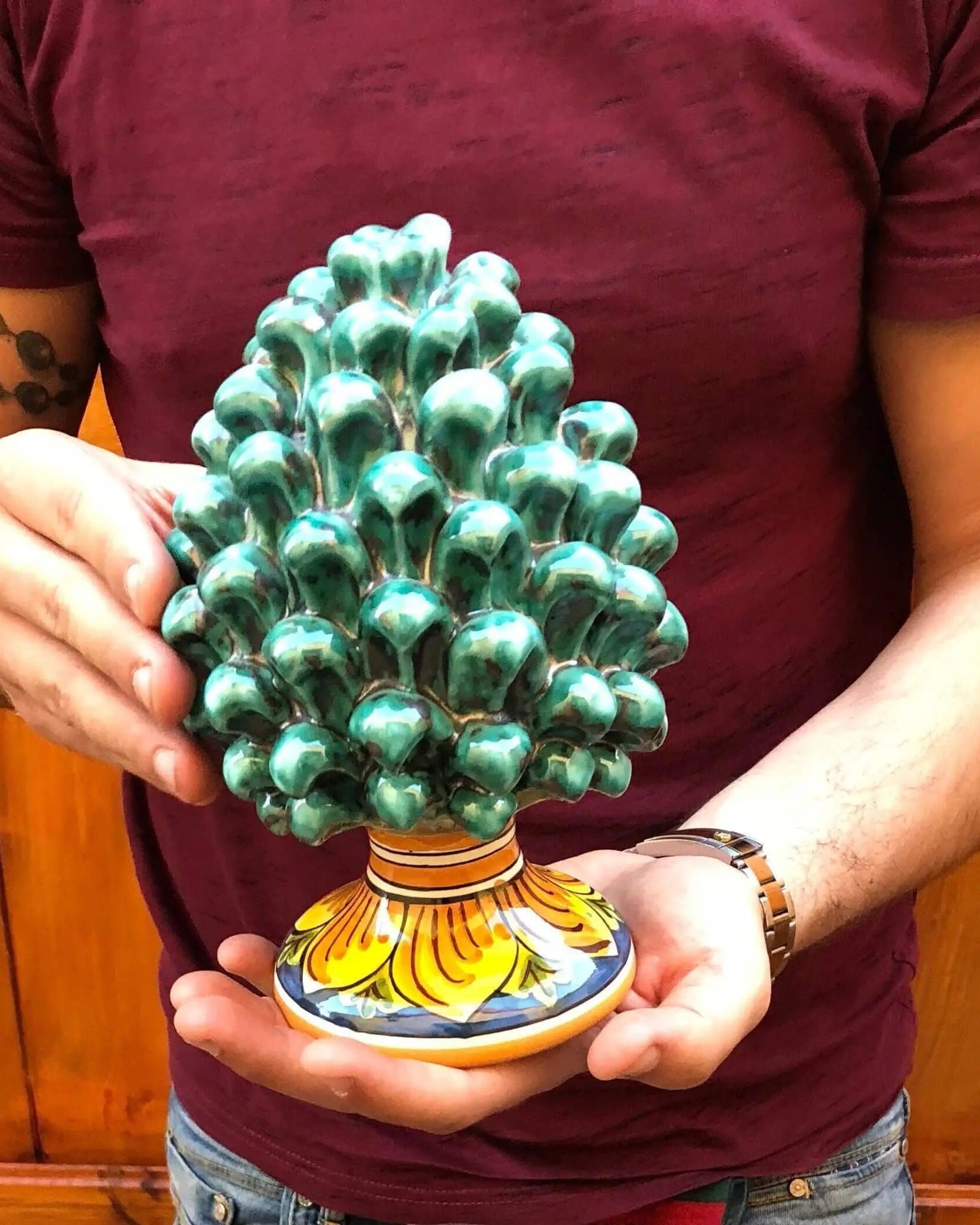 Pigna Ceramica Caltagirone cm H.20 Artigianale Verde Acqua Base Decorata DD CERAMICHE SICILIANE