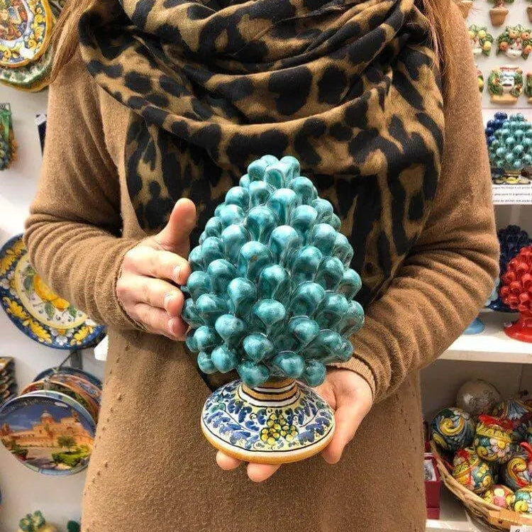 Pigna Ceramica Caltagirone cm H.20 Artigianale Verde Acqua Base Decorata Fiori DD CERAMICHE SICILIANE