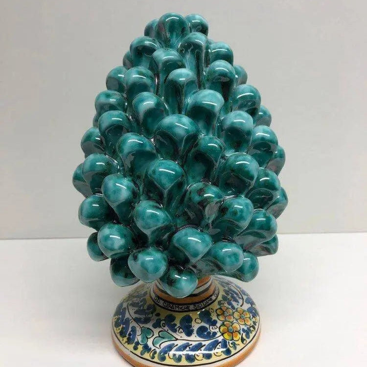 Pigna Ceramica Caltagirone cm H.20 Artigianale Verde Acqua Base Decorata Fiori DD CERAMICHE SICILIANE