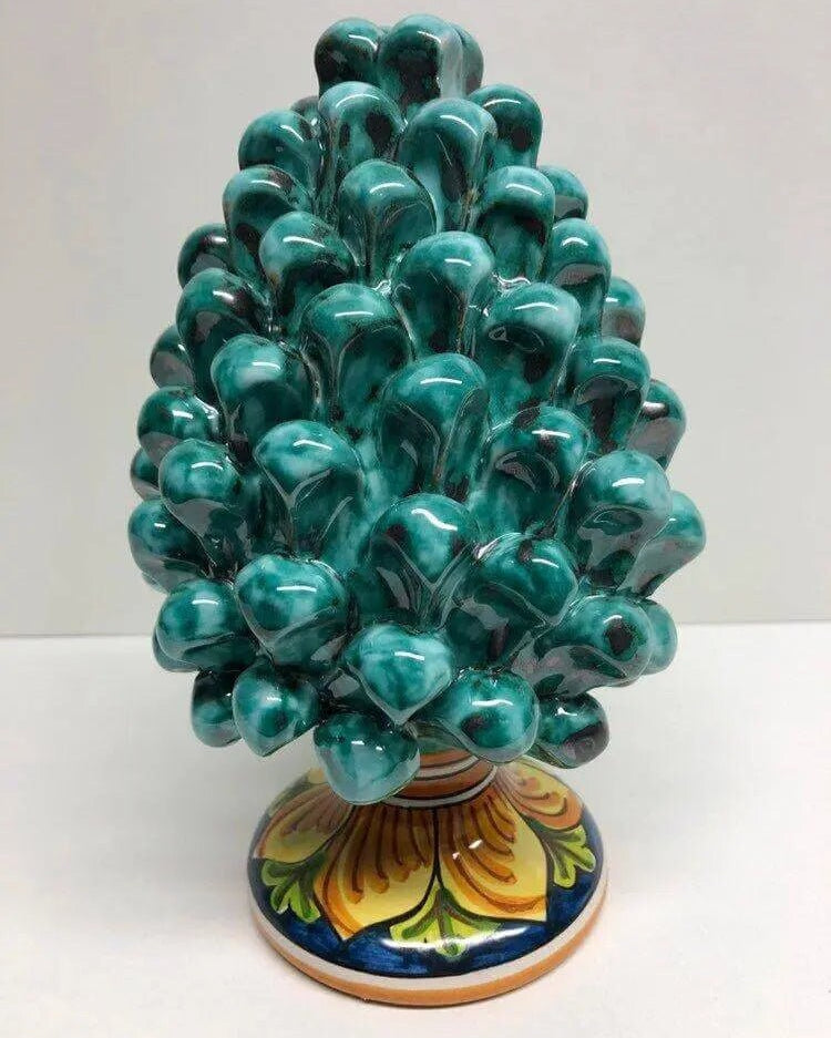Pigna Ceramica Caltagirone cm H.20 Artigianale Verde Acqua Base Decorata DD CERAMICHE SICILIANE