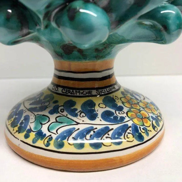 Pigna Ceramica Caltagirone cm H.20 Artigianale Verde Acqua Base Decorata Fiori DD CERAMICHE SICILIANE