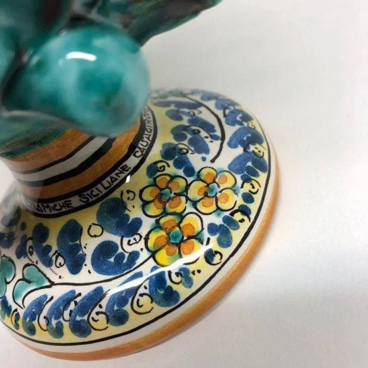 Pigna Ceramica Caltagirone cm H.20 Artigianale Verde Acqua Base Decorata Fiori DD CERAMICHE SICILIANE