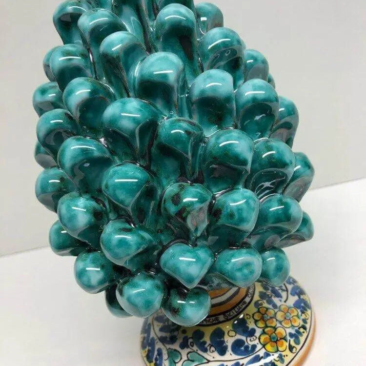 Pigna Ceramica Caltagirone cm H.20 Artigianale Verde Acqua Base Decorata Fiori DD CERAMICHE SICILIANE