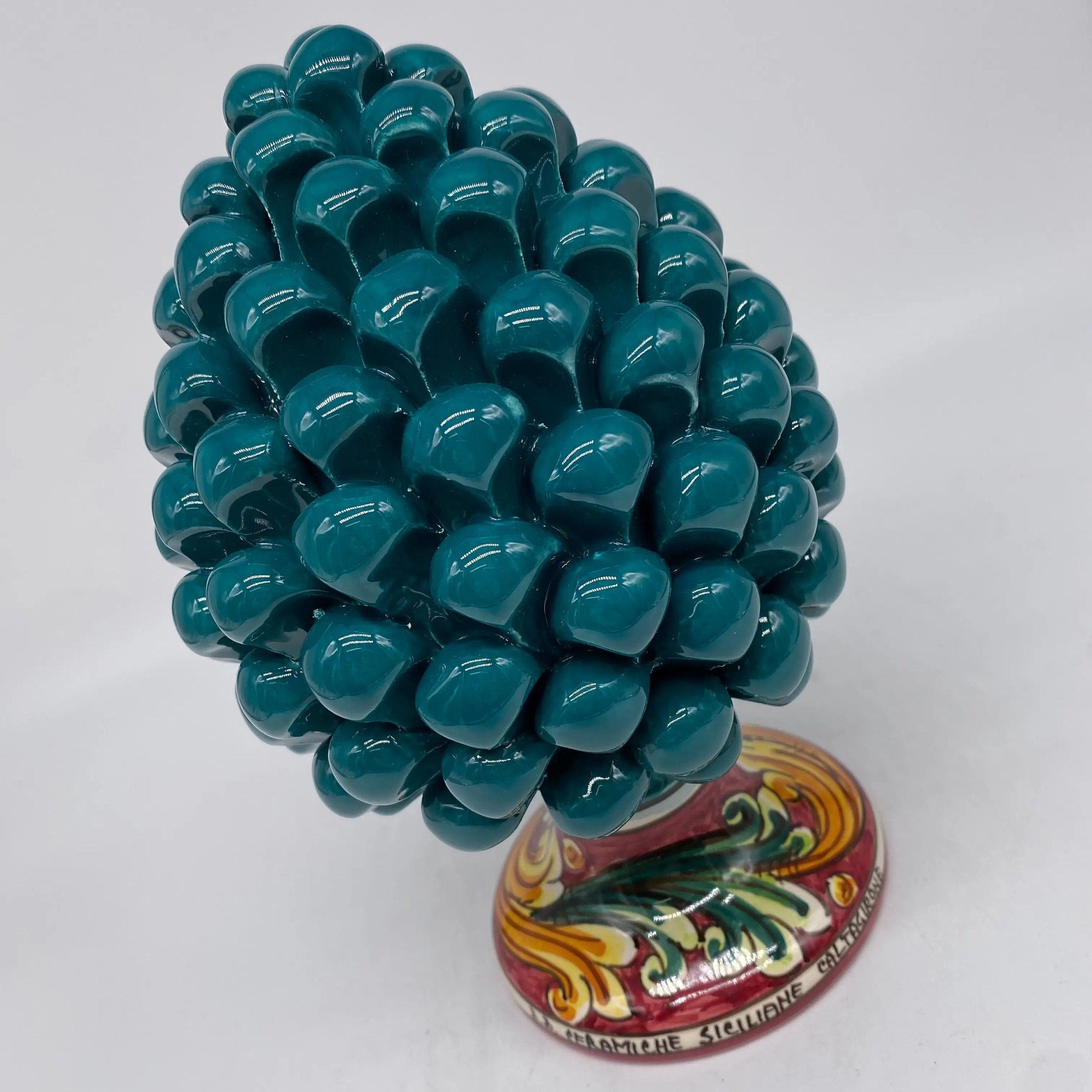 Pigna Ceramica Caltagirone cm H.20 Artigianale Verde Ottanio Base Decorata DD CERAMICHE SICILIANE
