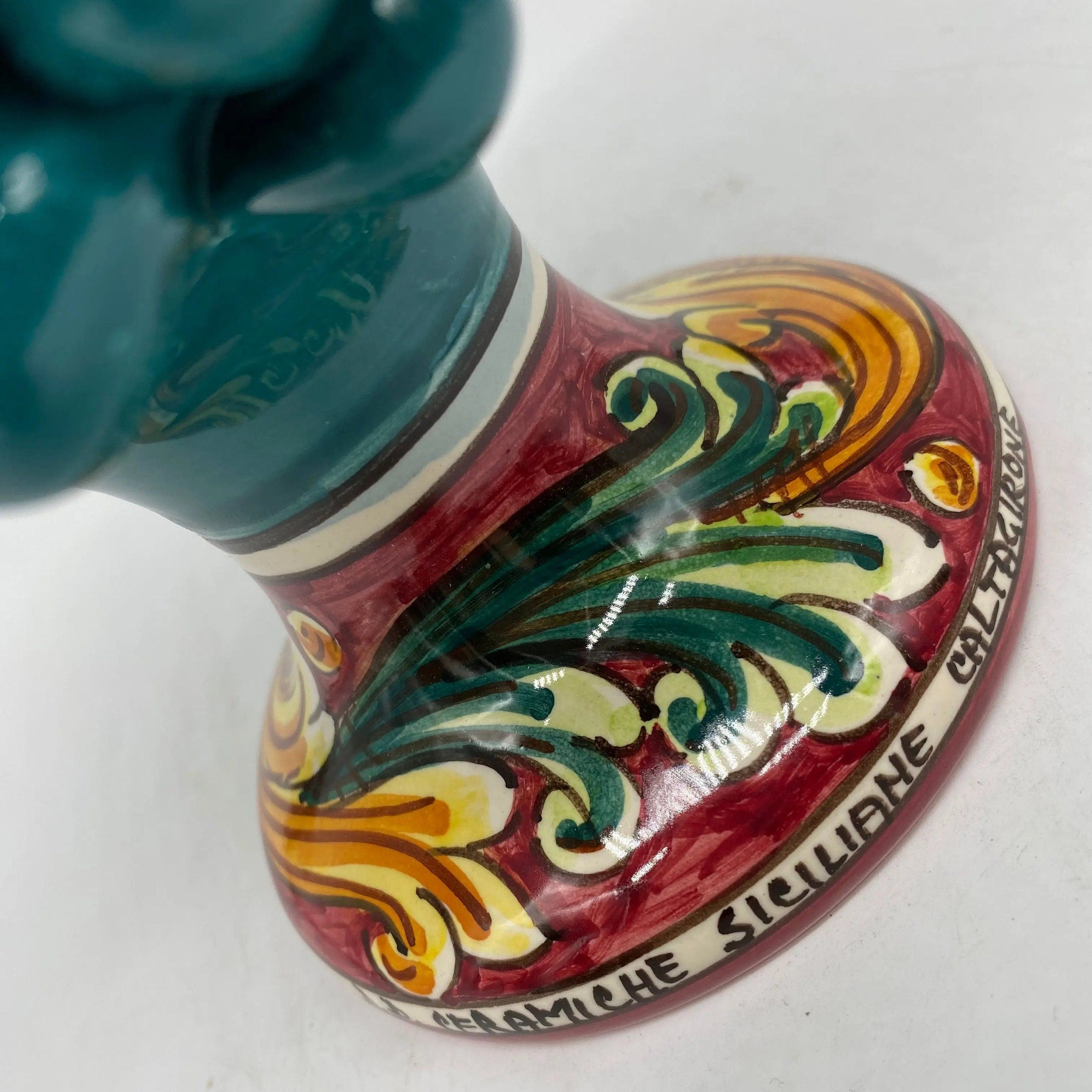 Pigna Ceramica Caltagirone cm H.20 Artigianale Verde Ottanio Base Decorata DD CERAMICHE SICILIANE