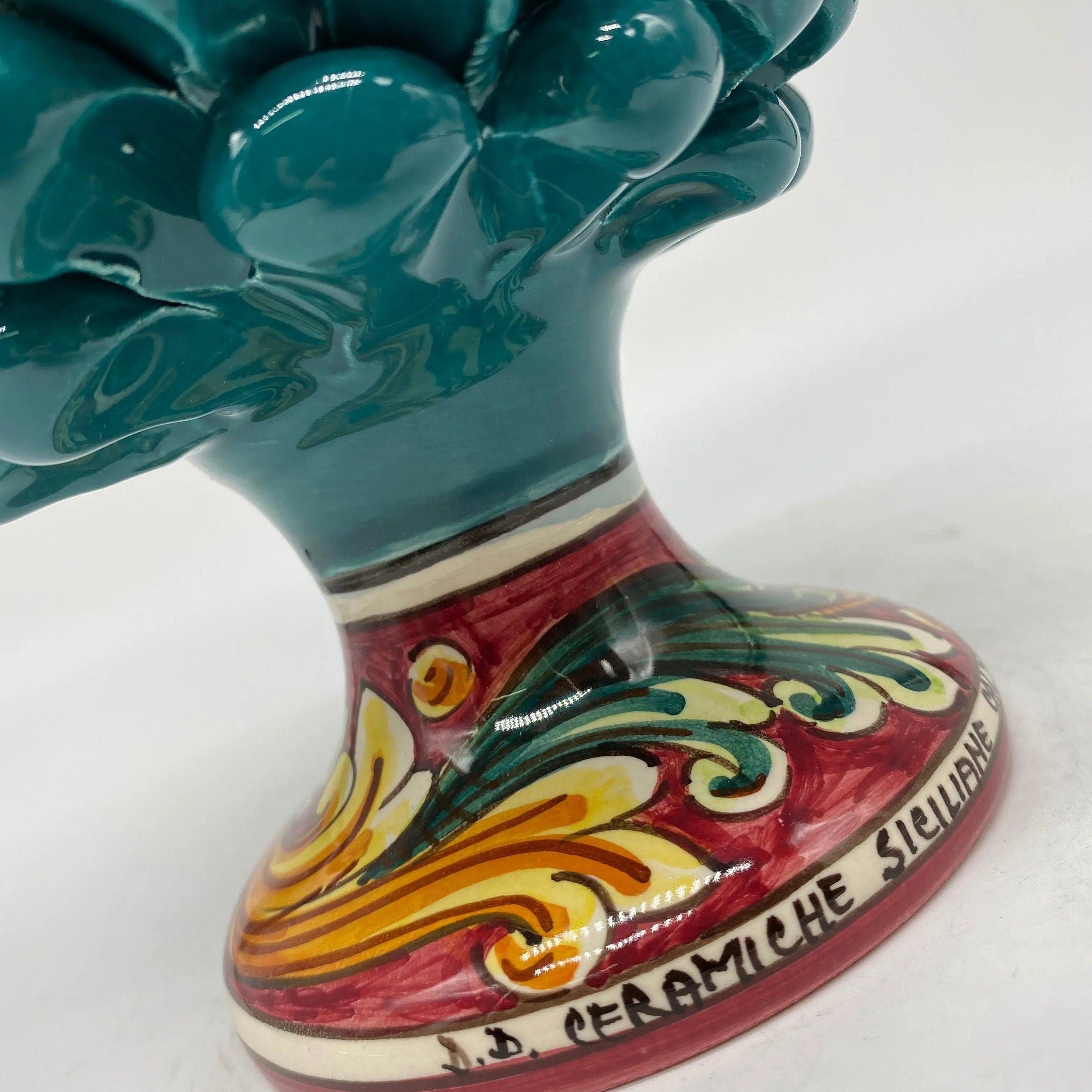 Pigna Ceramica Caltagirone cm H.20 Artigianale Verde Ottanio Base Decorata DD CERAMICHE SICILIANE