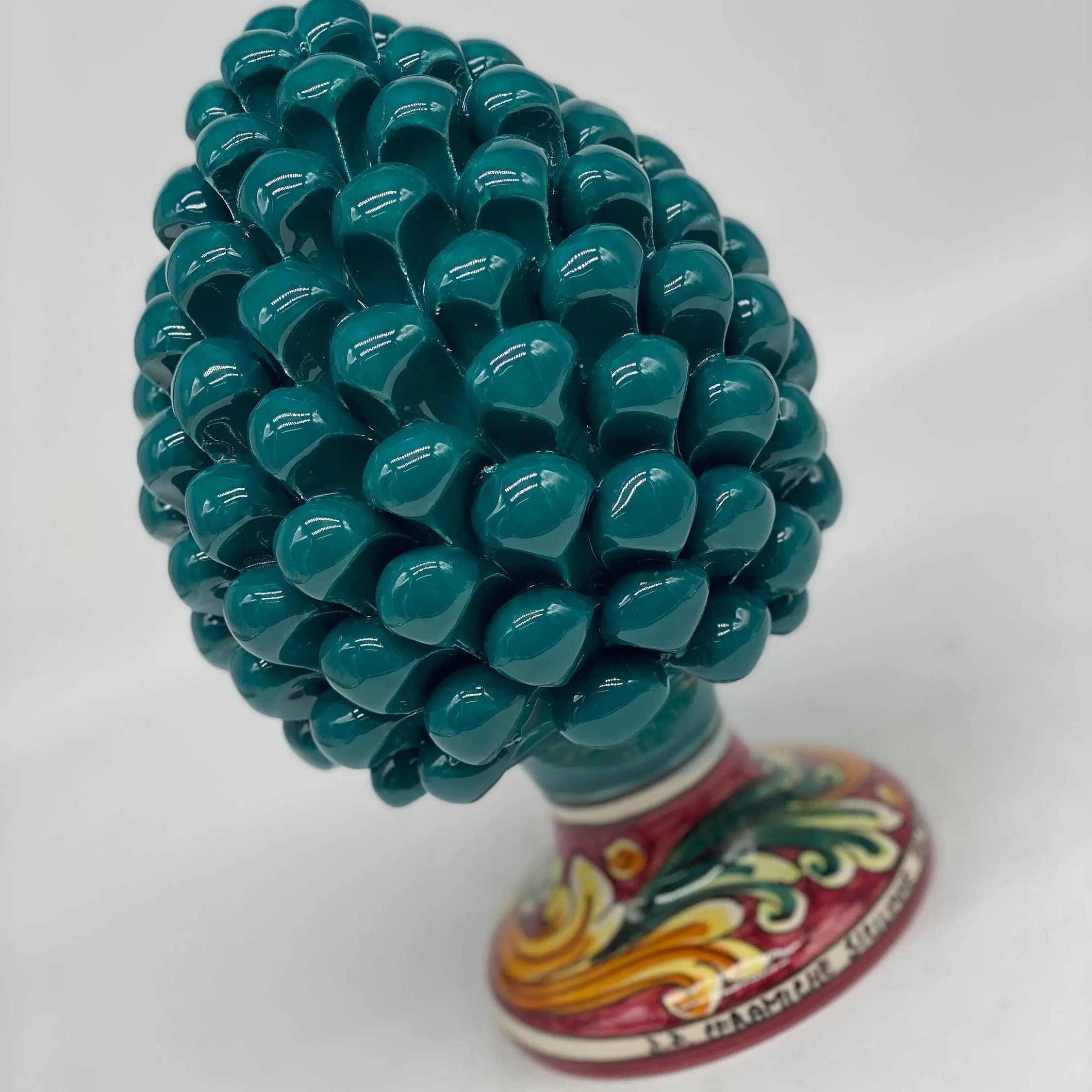 Pigna Ceramica Caltagirone cm H.20 Artigianale Verde Ottanio Base Decorata DD CERAMICHE SICILIANE