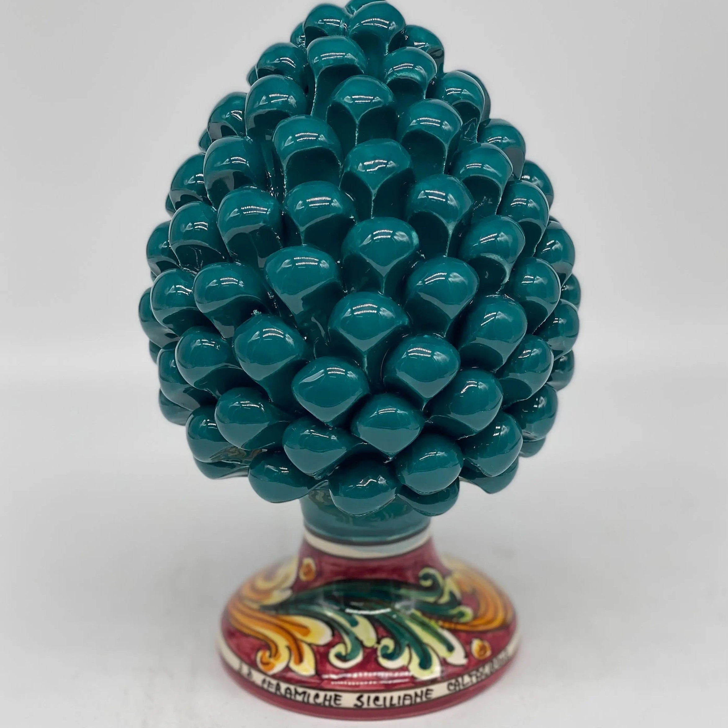 Pigna Ceramica Caltagirone cm H.20 Artigianale Verde Ottanio Base Decorata DD CERAMICHE SICILIANE