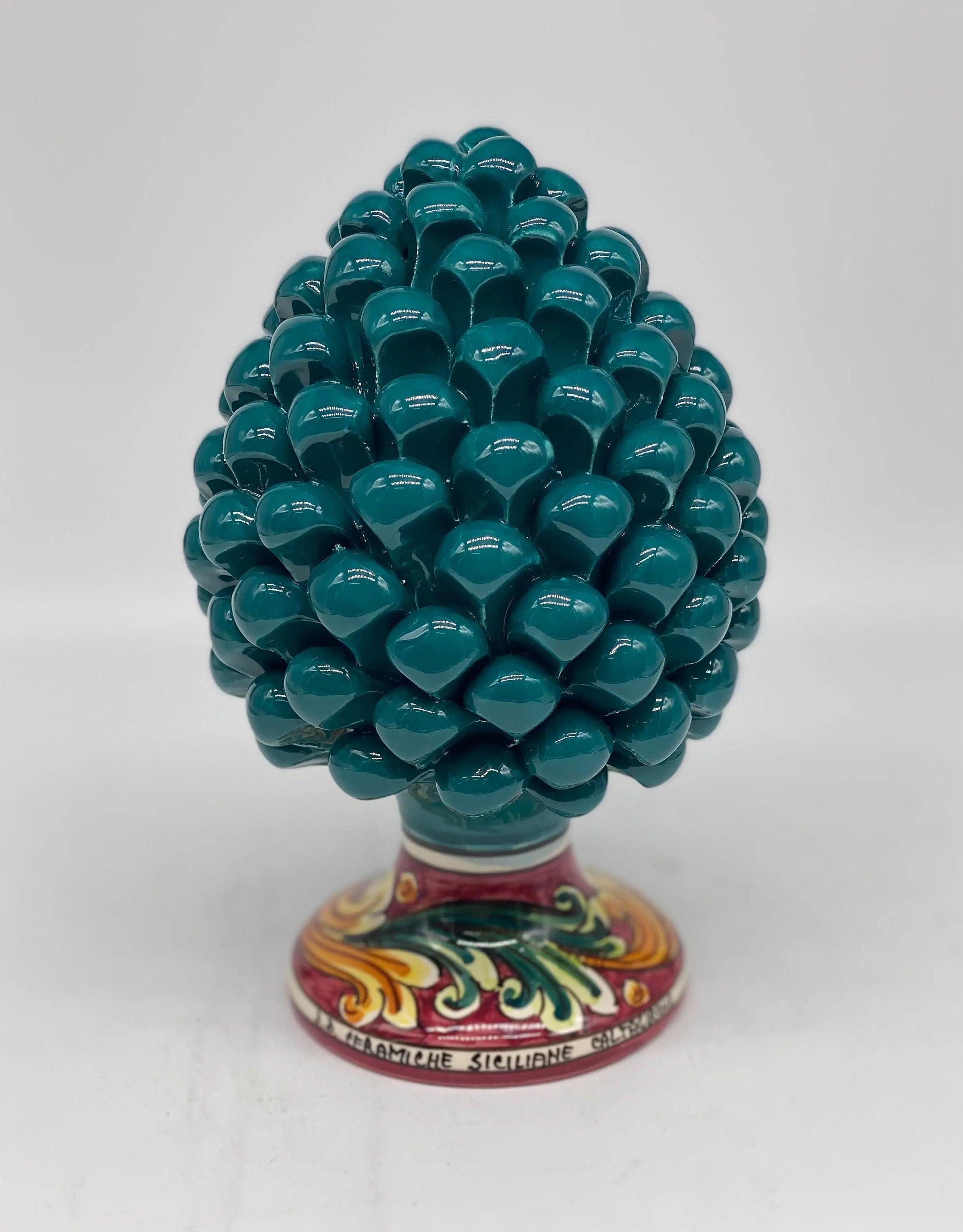 Pigna Ceramica Caltagirone cm H.20 Artigianale Verde Ottanio Base Decorata DD CERAMICHE SICILIANE