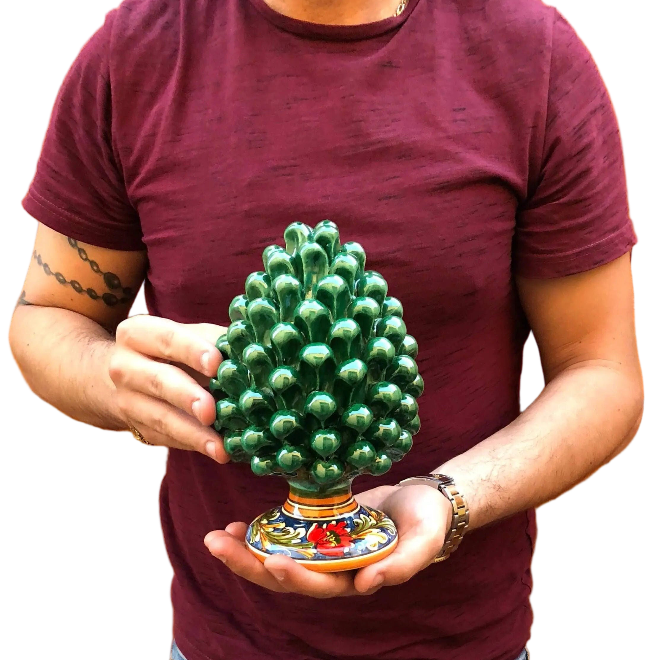 Pigna Ceramica Caltagirone cm H.20 Artigianale Verde Prato Base Decorata DD CERAMICHE SICILIANE