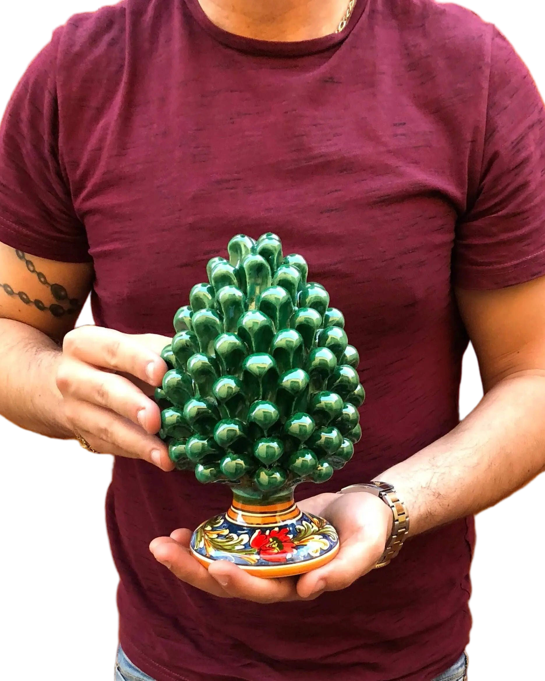 Pigna Ceramica Caltagirone cm H.20 Artigianale Verde Prato Base Decorata DD CERAMICHE SICILIANE