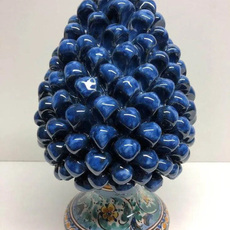 Pigna Ceramica Caltagirone cm H.25 Artigianale Blu Antico Base Decorata Fiori DD CERAMICHE SICILIANE