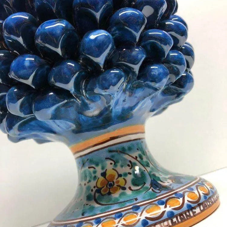 Pigna Ceramica Caltagirone cm H.25 Artigianale Blu Antico Base Decorata Fiori DD CERAMICHE SICILIANE