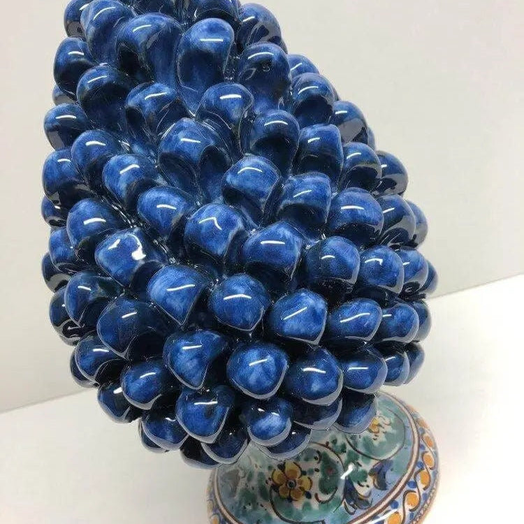 Pigna Ceramica Caltagirone cm H.25 Artigianale Blu Antico Base Decorata Fiori DD CERAMICHE SICILIANE