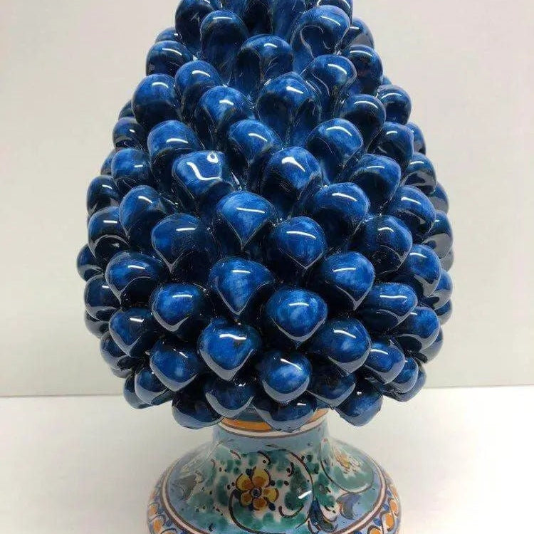 Pigna Ceramica Caltagirone cm H.25 Artigianale Blu Antico Base Decorata Fiori DD CERAMICHE SICILIANE