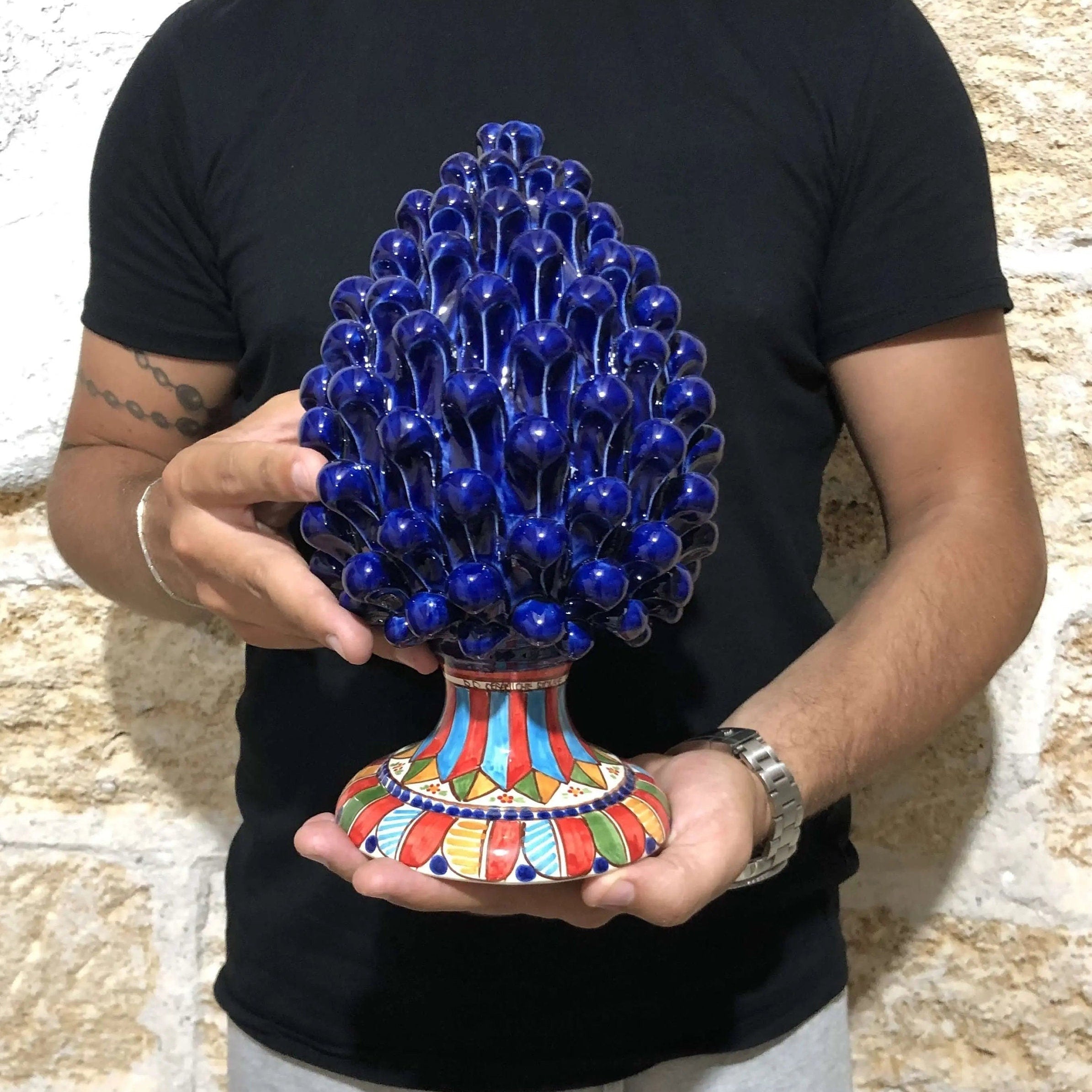 Pigna Ceramica Caltagirone cm H.25 Artigianale Blu Base Decorata 2021 DD CERAMICHE SICILIANE