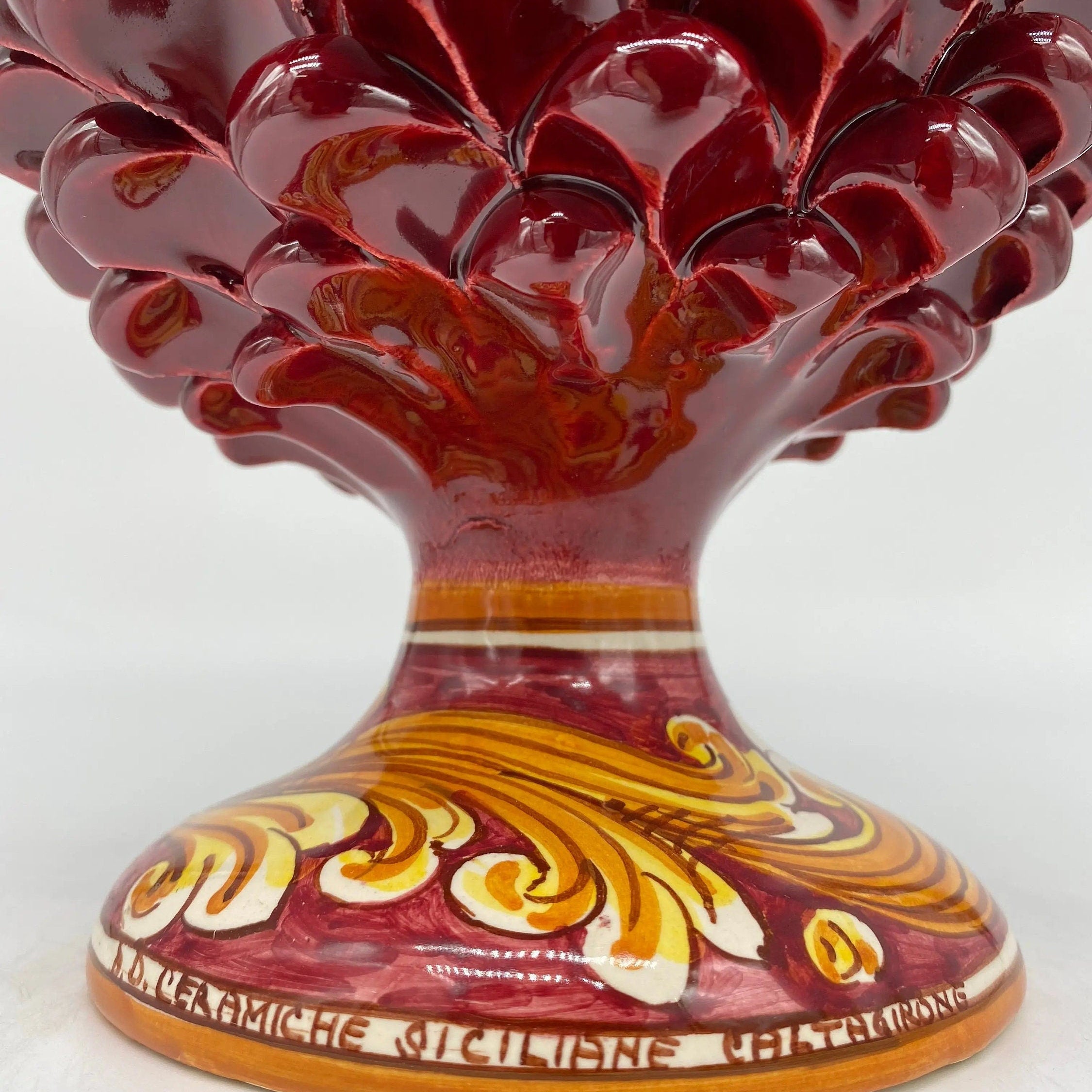 Pigna Ceramica Caltagirone cm H.25 Artigianale Bordeaux Base Decorata DD CERAMICHE SICILIANE