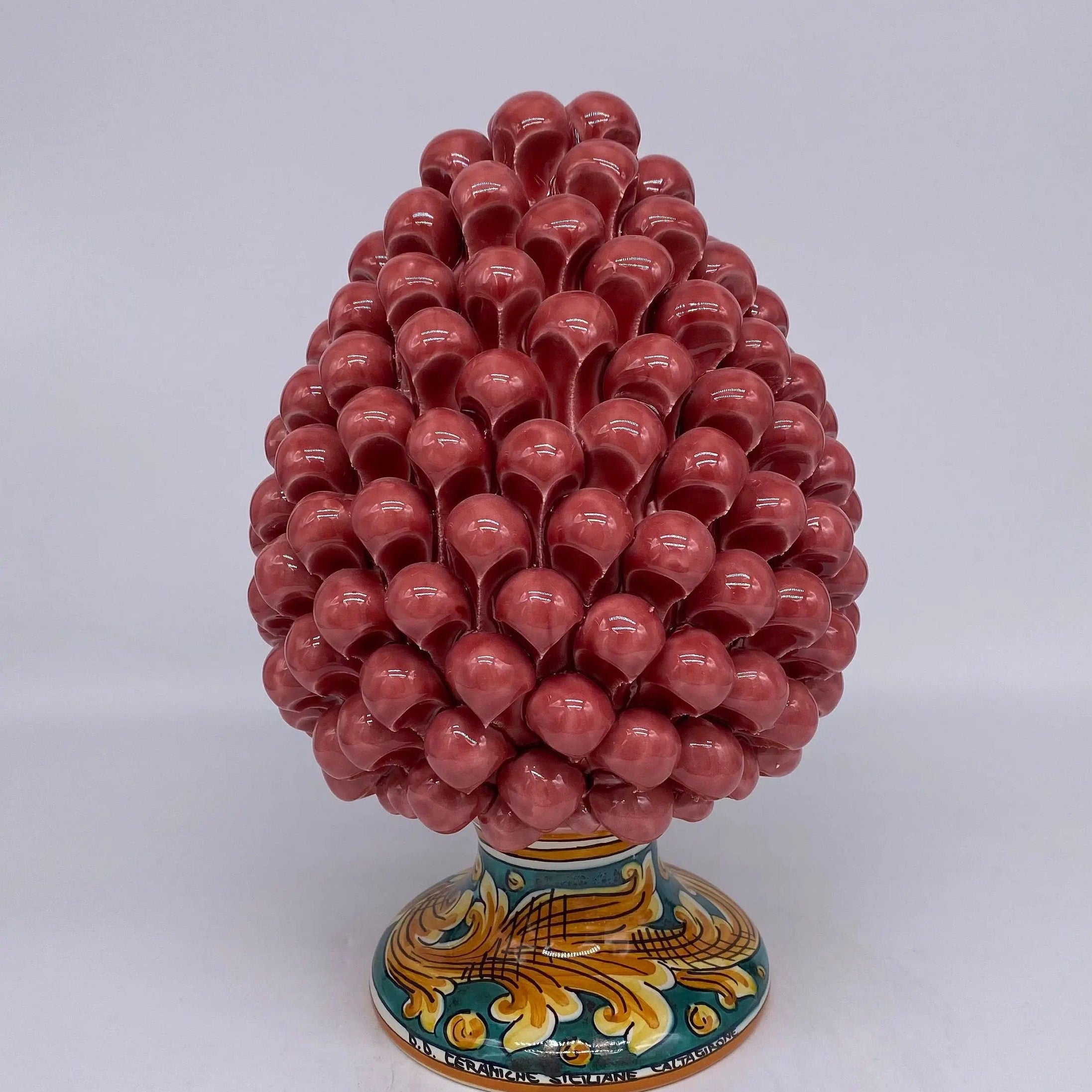 Pigna Ceramica Caltagirone cm H.25 Artigianale Rosa Base Decorata DD CERAMICHE SICILIANE