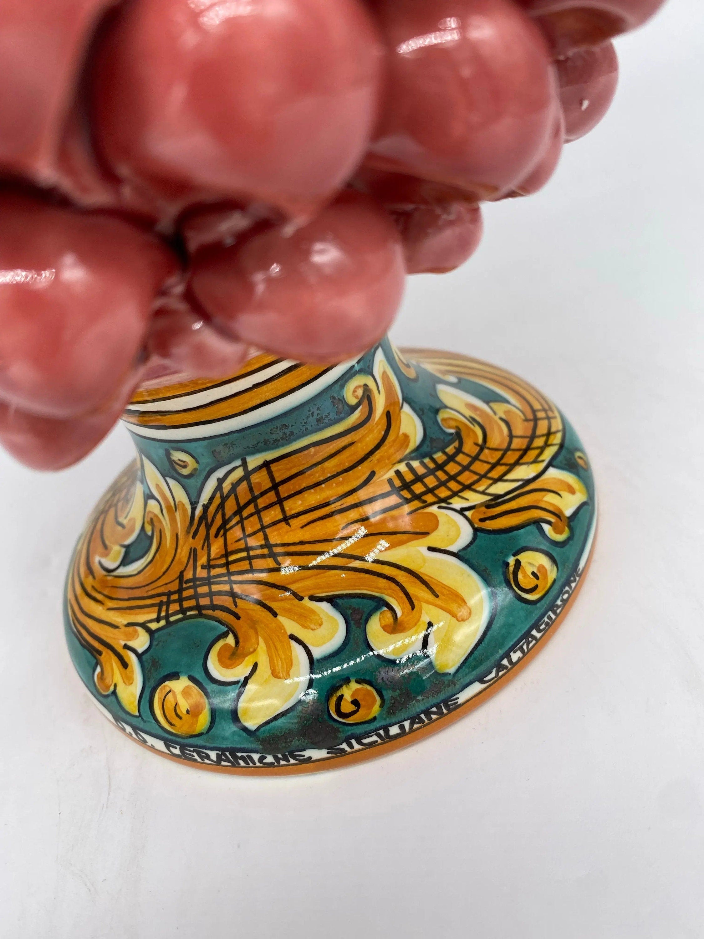 Pigna Ceramica Caltagirone cm H.25 Artigianale Rosa Base Decorata DD CERAMICHE SICILIANE