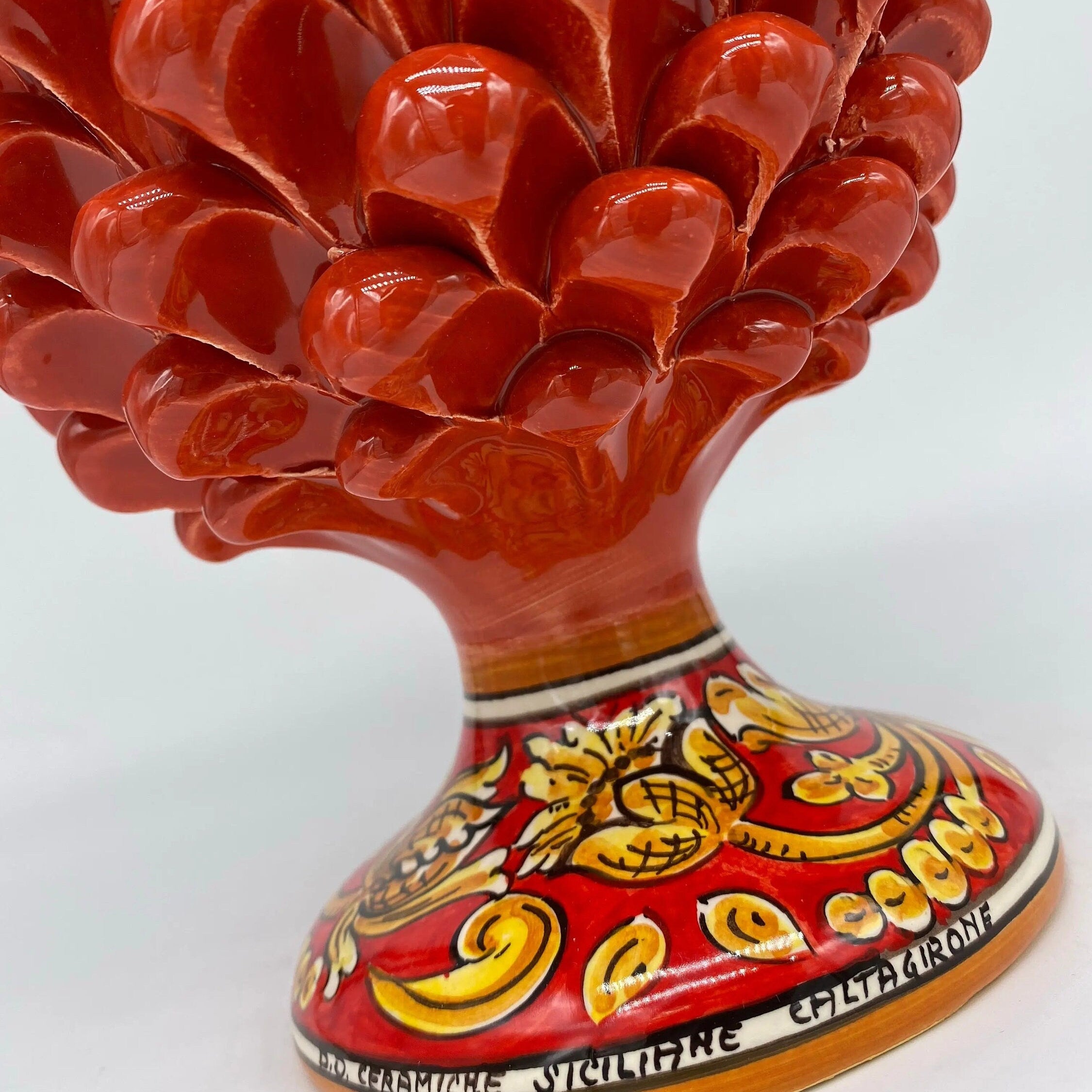 Pigna Ceramica Caltagirone cm H.25 Artigianale Rosso Base Decorata DD CERAMICHE SICILIANE