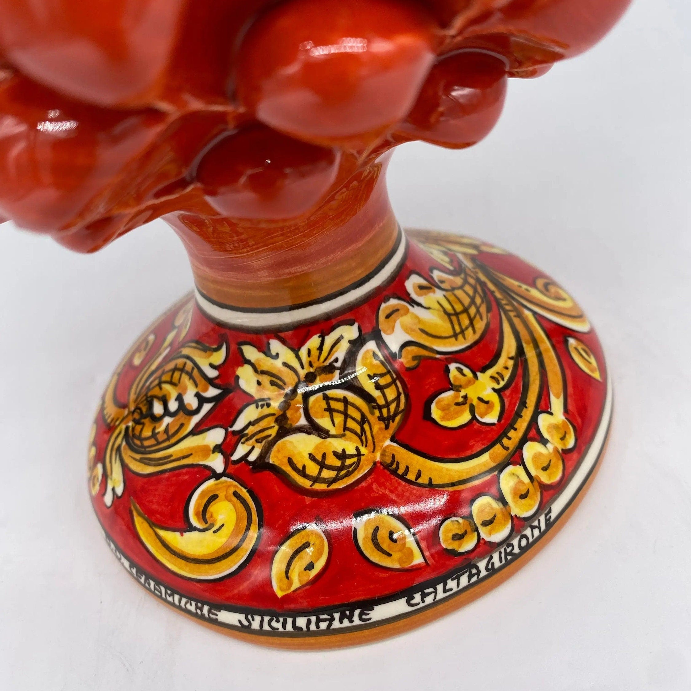Pigna Ceramica Caltagirone cm H.25 Artigianale Rosso Base Decorata DD CERAMICHE SICILIANE