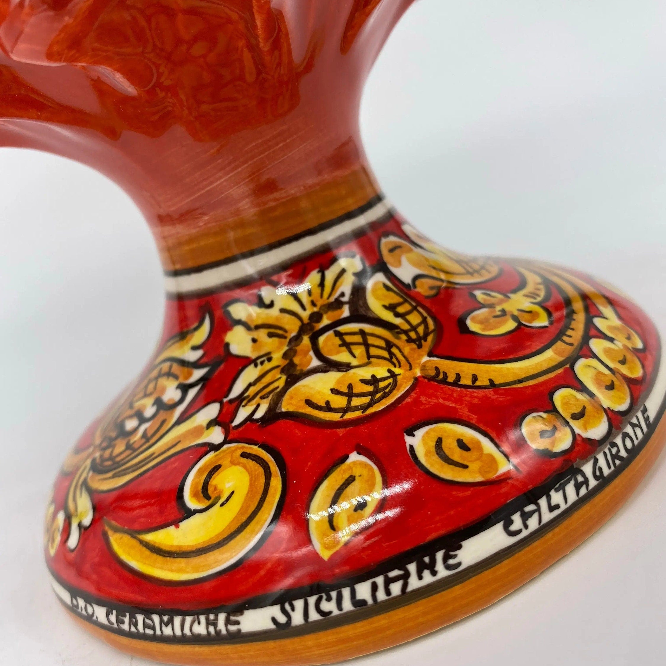 Pigna Ceramica Caltagirone cm H.25 Artigianale Rosso Base Decorata DD CERAMICHE SICILIANE